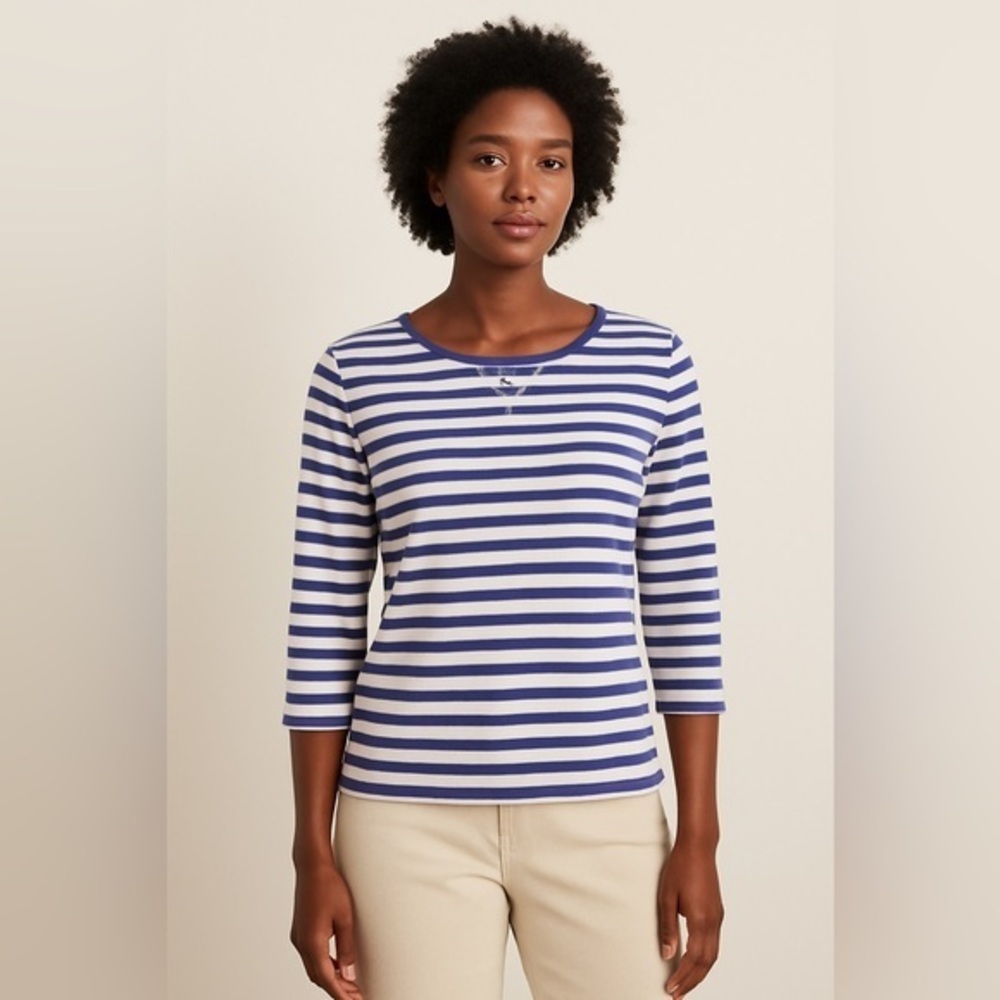 Oleg Cassini Sport Women's Periwinkle/White Striped 3/4 sleeves top Large #0167